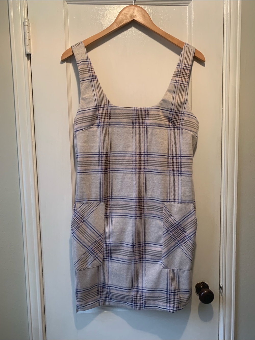 Altar’d State NWT Plaid Square-Neck Pinafore Dress in Light Gray, Blue & Pink L